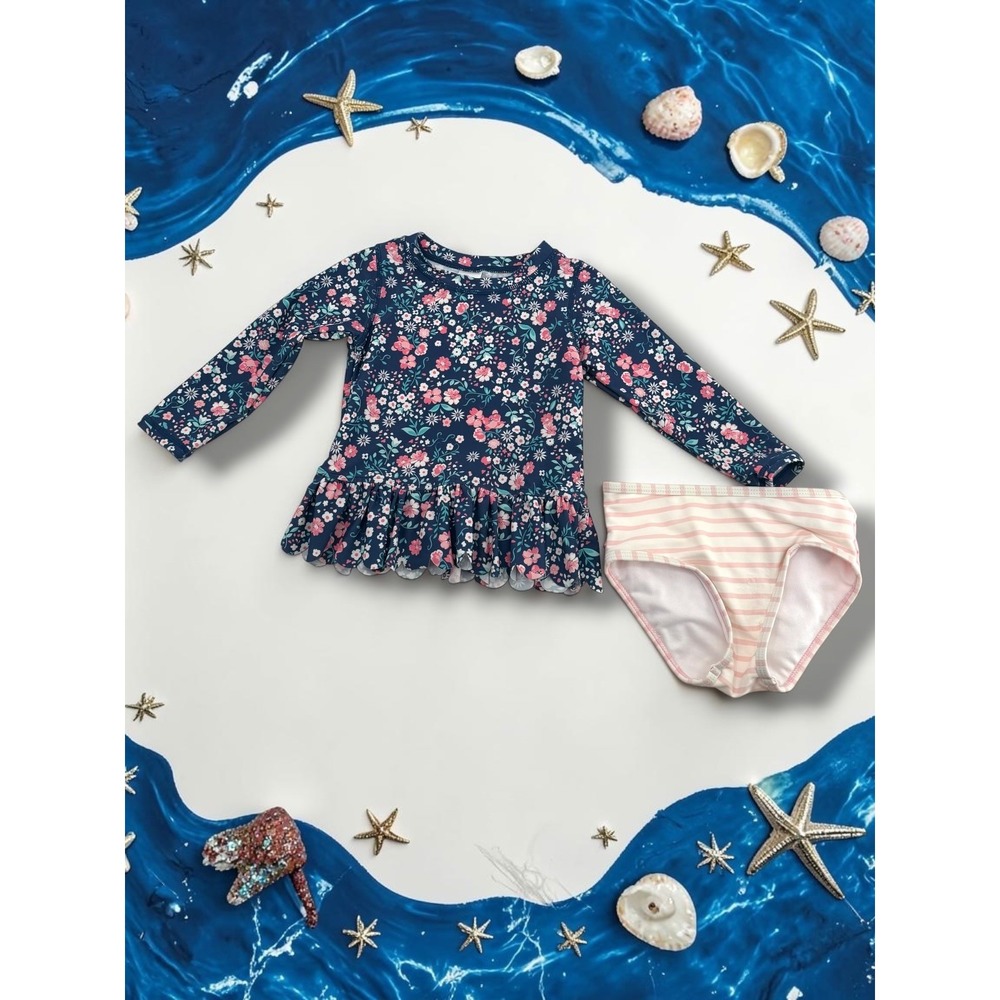 RuffleButts Floral Long Sleeve Rash Guard Ruffle Two Piece Swimsuit 2T